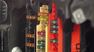 Replacing the fuse in fuse box of the car in a mechanic shop, closeup