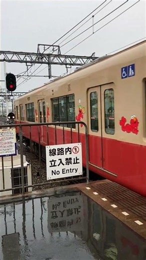 20260607 山陽明石駅 阪神電車 8000系 赤胴車 ELMO‘S HAPPY TRAIN ラッピング8239F編成 赤字の直通特急 姫路ゆき 発車 傘に叩きつける雨音 モーター音が聞こえにくい