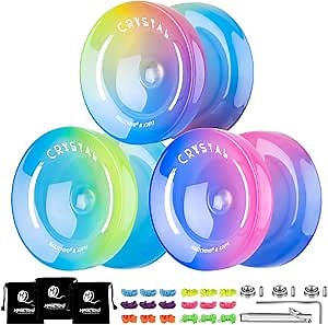MAGICYOYO Yoyo K2 Pack of 3, Professional Responsive Yo-yo for Kids Beginner, Dual Purpose Plastic Yo Yo for Adults with Unresponsive Bearing+18 Strings+Bearing Removal+Bags(Crystal Gradient)