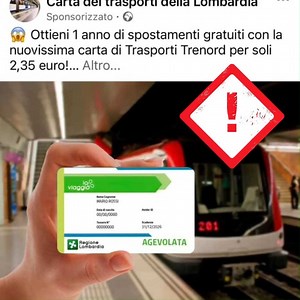 🚊 FALSA TESSERA VIAGGIO Ecco un esempio di post sponsorizzato su Facebook che, usando il nome di un'azienda di viaggio, a sua insaputa, tenta di attrarci in un'offerta imperdibile, ovviamente falsa, così da rubare i nostri soldi, i dati della nostra carta di credito e i dati personali. Si tratta di phishing che viene diffuso comprando pubblicità sul social network e rimandando a un falso sito di vendita, che usa abusivamente marchi e segni distintivi di aziende note. Trenord e altre infrastrutt