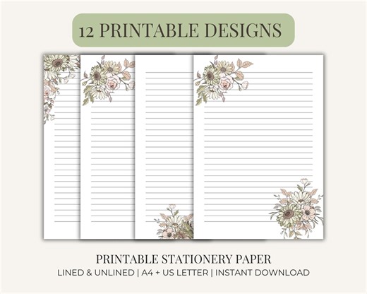 Printable Floral Lined Writing Paper A4 | Aesthetic Journal Pages | Letter Paper Set | Vintage Stationery Digital Download - Etsy