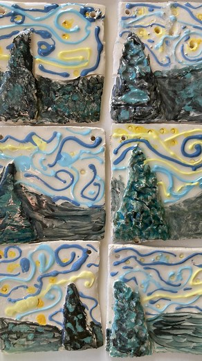 This has been such an enjoyable project with Pinewood infant Yr1s. Beautiful tiles produced by each and everyone 💙💚🖤💛 #kidsartworkshop #artworkshop #ceramictiles #starrystarrynight #vangoghart #kidsceramics | Kate Pakeman Arts