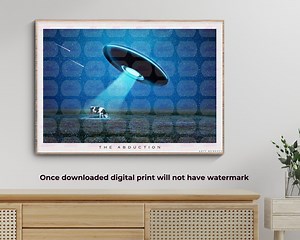 Alien Poster , UFO Poster, UFO Illustration , Cow Abduction , UFO Cow Abduction, Abduction Poster , Wall Art , Alien Abduction Poster, A4/A3 - Etsy