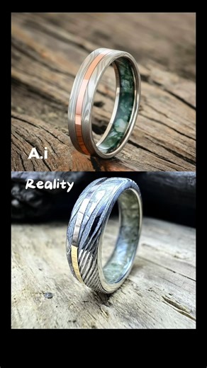 A splendid groom sent me an AI ring design that looked spectacular and asked me if I could create it in real life. I nearly said know as the design looked very challenging but I wanted him to make a splash on his wedding day and prove that AI ain’t putting me out of a job! Inside the ring was made with sterling silver and crushed moss agate. Outside of the ring was Damascus steel with rose gold inlay. What do you think? Are robots putting me out of a job? #handmade #weddingtok #jewellery #design