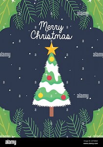 Merry christmas design with cute christmas tree and decorative frame of leaves over blue background, colorful design, vector illustration Stock Vector Image & Art - Alamy