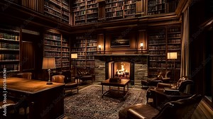 Dimly lit grand library with a cozy fireplace and comfortable leather chairs. Classic reading retreat concept. Seamless time-lapse animation video background
