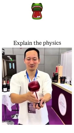 Unviversal Clips on Instagram: "The video captures a demonstration at a wine event where a specialized spinning base rotates a partially filled wine glass, forming a stable vortex that keeps the liquid contained despite inversion. Rapid rotation generates centripetal force, pressing the wine against the glass walls and creating a parabolic surface shape due to the balance between gravity and inertial effects, as described in fluid dynamics principles. This setup, often called a "wine glass gravi