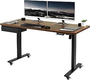 VIVO Electric Height Adjustable 60 x 24 inch Stand Up Mobile Desk, Pull-Out Storage Drawer, Caster Wheels, Rustic Vintage Brown Solid Table Top, Black Frame, Memory Controller, DESK-KIT-1B6N-A2