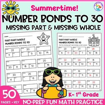 Number Bonds to 30 Missing Part and Whole Summer Math Worksheets K 1st Grade
