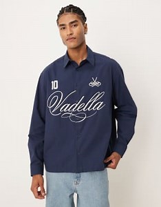 ASOS DESIGN oversized poplin shirt with script print in navy | ASOS