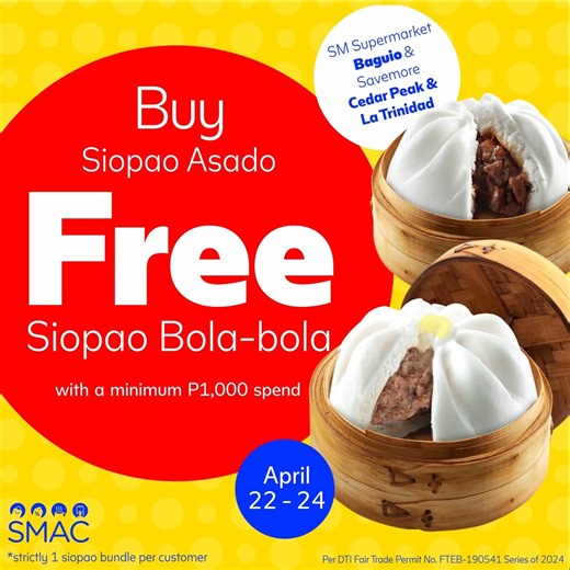 Savemore Hotel Supreme Baguio is opening on April 25! Celebrate with us and enjoy Buy 1 Siopao Asado, get Free Siopao Bola-bola with a minimum P1,000 spend using SMAC from April 22 to 24, 2024 in the following participating stores in Benguet: SM Supermarket Baguio Savemore Cedar Peak Savemore La Trinidad | SM Markets