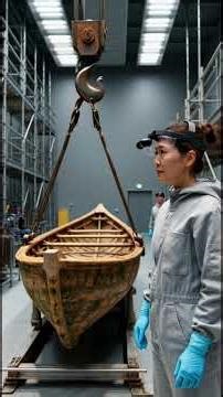 Ancient boat salvaged and restored for museum display.
