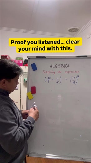 Proof you listened… 👀 Clear your mind. One algebra problem: (3x/4 - 1/2) ÷ (1/2)^2 Pause ⏸️ or relax and watch. #MathTok #Algebra #StudyWithMe #MathChallenge #FYP