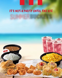 KFC Summer Buckets are a WHOLE vibe, made to share and available starting at $20. Dig into 8 juicy pieces of your favorite fried chicken, our brand-new White Rice with Gravy, and cool off with the refreshing taste of Switcha Pink Lemonades. Summer with KFC is Finger Lickin’ Good. #KFCNassau #KFC #KFCSummerBuckets #SummerBuckets | KFC