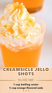 Creamsicle Jello Shots Ingredients 1 cup boiling water 1 (3-ounce) box orange-flavored Jello gelatin ................ #JelloShots #PartyDrinks #CreamsicleCocktails #NewYearsEve | Very Good Recipes