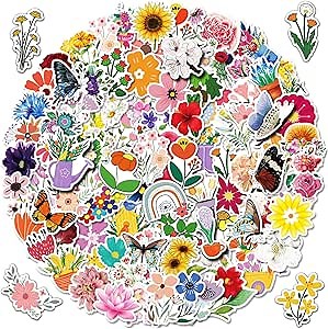 100pcs Cute Flower Stickers, Aesthetic Trendy Floral Stickers for Teens Girls Women, Perfect for Laptop Phone Skateboard Travel Case, Great Gift for Mother's Day