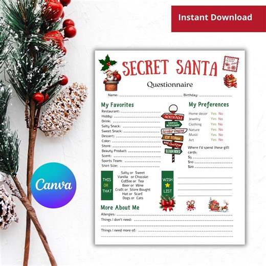 Secret Santa Questionnaire, Editable Gift Exchange Survey Template (digital Download) - Etsy
