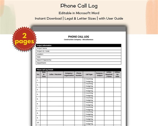 Construction Company Phone Call Log Editable and Printable Template, Administrative Staff, Project Coordinators Tracking, Site Communication - Etsy