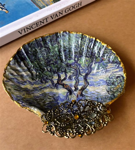 Van Gogh Olive Grove Shell Trinket Dish Decoupage Art Lover Ring Holder - Etsy