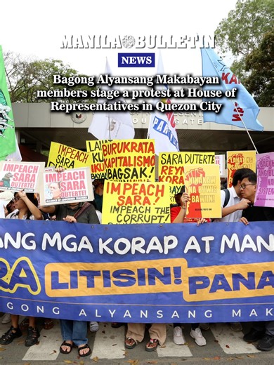 Members of Bagong Alyansang Makabayan (BAYAN) stage a protest in front of the House of Representatives in Quezon City on Monday, March 2, 2026 as the House Committee on Justice tackle the impeachment complaint filed against Vice President Sara Duterte. Protesters urged lawmakers who voted to impeach Duterte in 2025 to support the new complaint and have it sent to the Senate right away, saying the move is part of the anti-corruption movement’s call to hold top government officials accountable ove