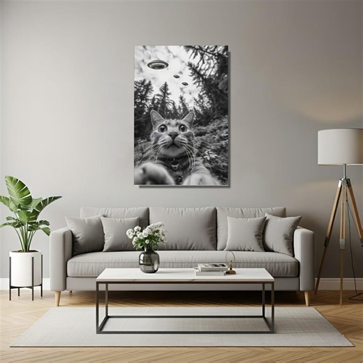 Cat UFO Poster: Funny Sci-fi Alien Art (black and White Rolled Print) - Etsy