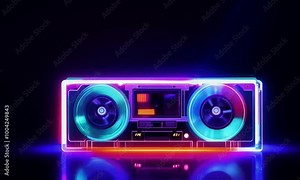 Neon cassette tape with glowing blue and red lights on a dark background for retro music design
