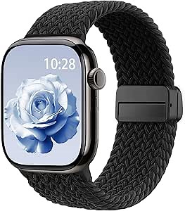 Braided Stretchy Band Compatible with Apple Watch Bands 38mm 40mm 41mm 42mm 44mm 45mm 46mm 49mm Women Men, Soft Nylon Solo Loop Magnetic Sport Strap for iWatch Series 11 10 9 8 7 6 5 4 3 2 1 SE Ultra