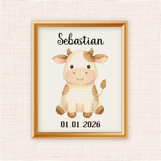 Baby Cow Cross Stitch Pattern PDF - Personalized Name & Date Baby Shower Alphabet included