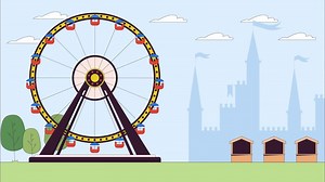 Ferris wheel in amusement park line cartoon animation. Attraction at travelling carnival 4K motion graphic. Funfair ground in garden 2D linear animated scene on landscape background