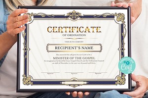 Editable Certificate of Ordination Minister, Blue and Gold Ordination Certificates, Ministry Certificate - Etsy