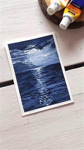 Easy moonlight ocean painting🌙🖌️#gouachepainting#moonlightart #oceanpainting #gouacheart