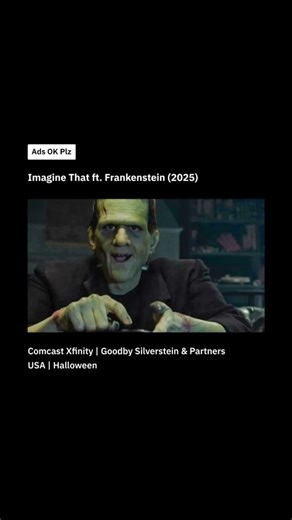 Ads OK Plz | Advertising & Marketing on Instagram: "Comcast Xfinity reimagined the classic Frankenstein story in its Imagine That campaign, transforming the iconic monster into a symbol of seamless technology connecting people. The two-minute short film depicted the creature, affectionately called Frank, discovering comfort and humanity through Xfinity’s fast WiFi, mobile, and entertainment services that quietly enhance everyday life. Crafted by Goodby Silverstein & Partners in collaboration wit