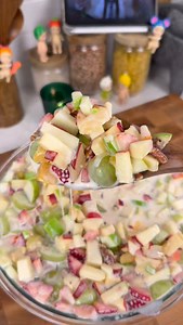 Fruit salad, but make it Mexican 🤍 Creamy fruit salad made the way we always do it. Sweet, simple, and perfect for sharing. 🇲🇽 Ingredients 🛒 Fruit 🍎 3 red apples, diced 🍏 3 green apples, diced 🍓 1 package strawberries, diced 🍇 Green grapes, diced 🥫 1 can fruit cocktail, drained Creamy Mixture 🧀 1 block cream cheese (softened) 🥛 1 can media crema 🥛 1 can evaporated milk 🍯 1 can sweetened condensed milk Topping 🌰 Crushed walnuts How to Make It 👩🏽‍🍳 1️⃣ Add all the diced fruit to a