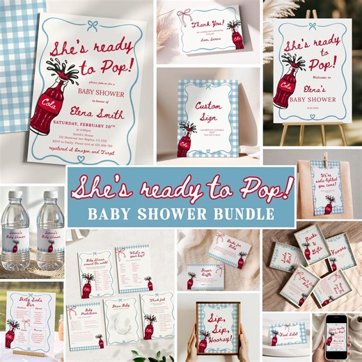 Ready to Pop Blue Baby Shower Bundle, Blue Gingham Baby Boy Shower Invite, Hand Drawn Soda Pop Theme Baby Shower - Etsy