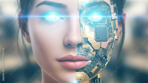 Cinematic sci-fi video of a stunning female cyborg in hyper-realistic close-up, with seamless transition from flawless human skin to intricate gold and black cybernetic circuits