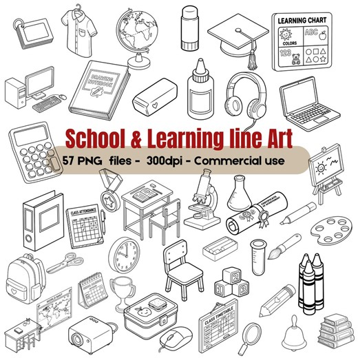 School Line Art Clipart Bundle, Education Learning Icons, Classroom Objects Outline PNG, Teacher Worksheet Graphics - Etsy
