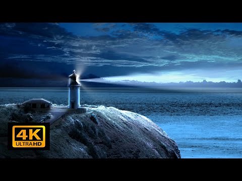 Lighthouse at Night. Calming, Soothing, and Natural Sea Sounds. 4K. Night Ocean View for Meditation.