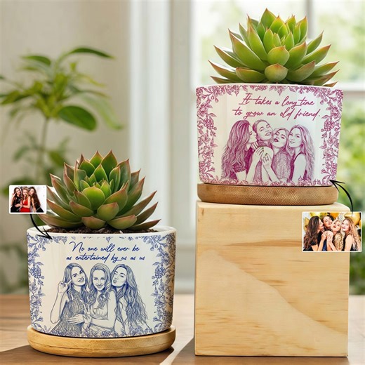 Custom Photo Pencil Sketch A True Friendship is A Journey Without an End, Personalized Ceramic Plant Pot, Gift for Friends, Sister, BFF - Etsy