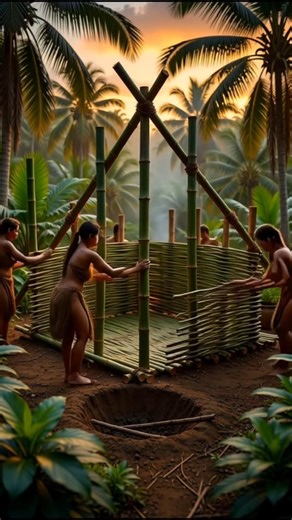 How Primitive Humans Built Homes Using Bamboo and Leaves #villagelife #bambooconstruction