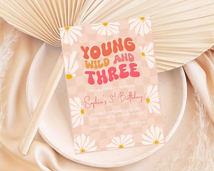 Young Wild and Three Birthday Invitation, Boho Chic Toddlers 3rd Party, Pastel Floral Celebration, Editable Canva Template, Instant Download - Etsy