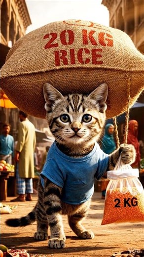 Adorable Tabby Kitten Carrying Heavy Rice in Busy Market