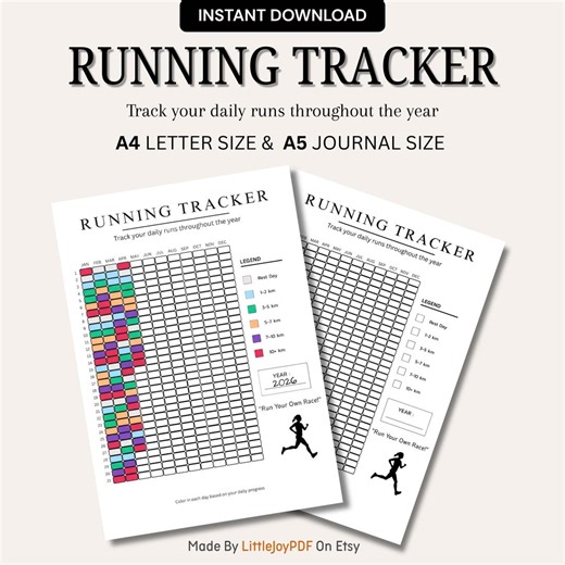 Running Tracker Printable | Yearly Distance Log by Kilometers | A4 A5 PDF - Etsy