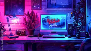 Modern computer desk set in a room with neon purple and blue lighting. Desk lamp and houseplants add to the cozy atmosphere