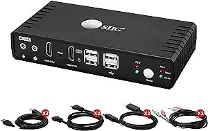 SIIG 4K Dual Monitor HDMI 2 Port KVM Switch with Microphone & Audio, Dual HDMI Output, HDMI + DP Input per PC,4K60, HDCP 2.2, USB 2.0 x4, Cables Included, Hotkey Control,TAA Compliant (CE-KV0911-S1)