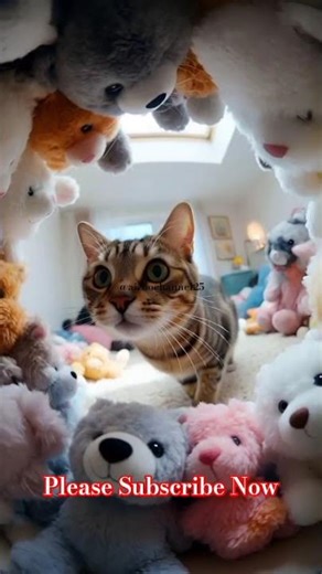 a striped cat playing in a circle with dozens of his favorite cat dolls #subscribe