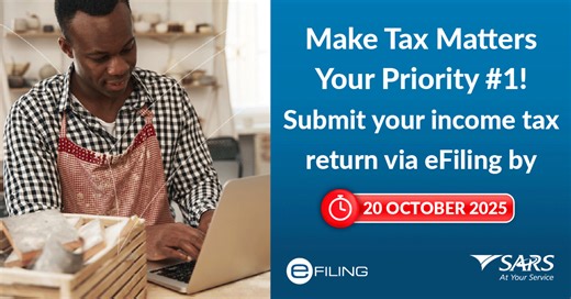 Have you filed your return? Submit your personal income tax return by 20 October 2025 using eFiling or SARS MobiApp. Avoid penalties & interest by paying any assessed tax debt on time ... https://bit.ly/3KCcIVE #YourTaxMatters | South African Revenue Service (SARS)