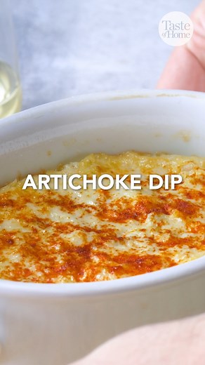 Hot and cheesy artichoke dip is a simple yet delicious appetizer to have on hand! Full recipe here: bit.ly/3YNuni1 | Taste of Home