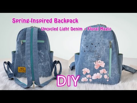 🌸 Spring Vibes! DIY Light Blue Denim Backpack with Floral Touch | Cute & Easy Sewing Tutorial 🌿🎒