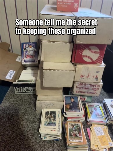 He’s baseball cards obsessed but how do you keep them organized! This isn’t but half of his collection. #mkb #baseball #baseballcards #baseballcardcollector #topps