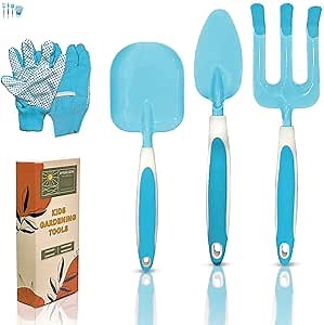 Kids Gardening Set 4 PCS - Kids Garden Tools for Gardening Made of Metal, Kids Gardening Gloves, Rake, Garden Shovel, Garden Trowel – Toddler Gardening Set for Kids Outdoor Play Equipment (Blue)